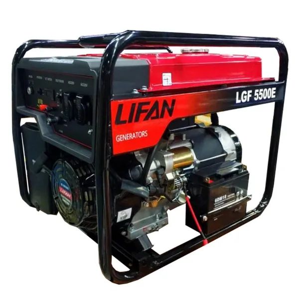 موتور برق لیفان 5.5 کیلووات مدل LGF 5500 E با رنگ آبی و مشخصات فنی نمایش داده شده